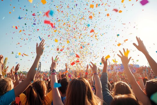 Vibrant celebration at a festival with confetti in the air and hands raised in excitement under a clear sky