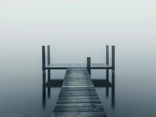 Obraz premium A serene wooden dock extends into a foggy lake at dawn, surrounded by still waters and a quiet atmosphere