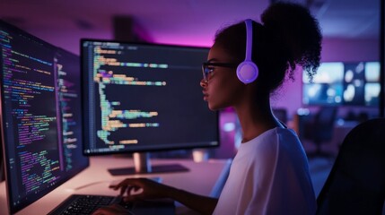 Female programmer focused on computer code at night in purple lit tech office environment