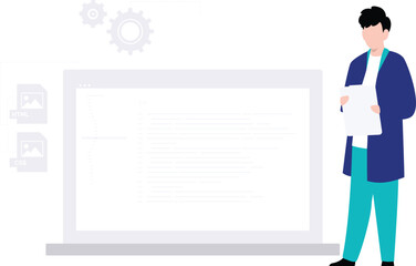 Obraz premium The boy is working on laptop management.