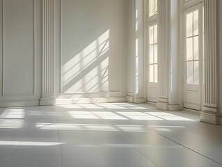 Fototapeta premium Bright sunlit room showcasing elegant architectural details with tall windows and soft shadows in a serene interior space