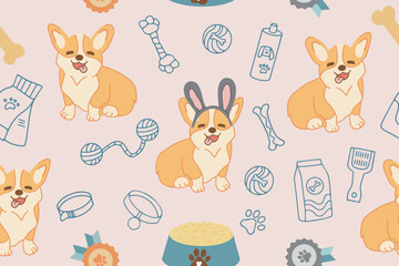 Seamless vector pattern with cute corgi dogs, food and dog accessories. Vector illustration