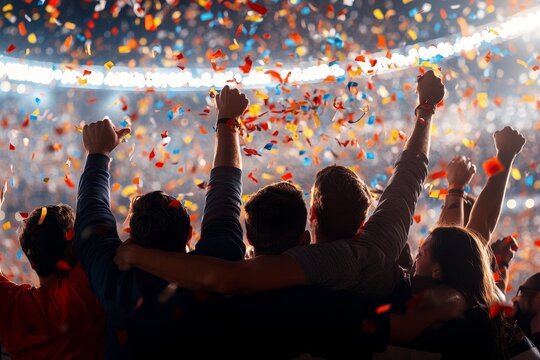 Celebration in a stadium with fans cheering and confetti falling during a major sporting event at night