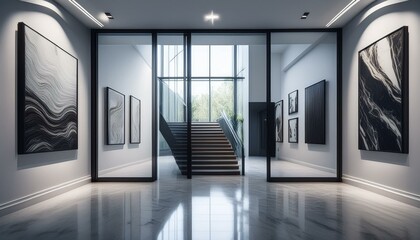 Art gallery with glass doors showcasing minimalist marble staircase.