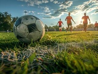 Soccer ball on grass with players practicing under a vibrant sunset at a local field