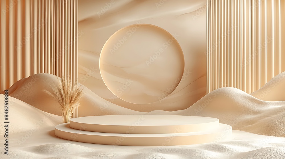 Poster a minimalist beige product display with a circular background and sleek podium.