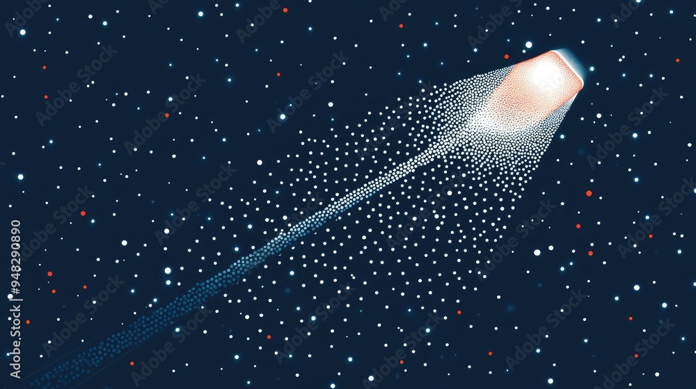 Poster shovel icon composed of white dots in a pointillism style featuring an abstract futuristic design of