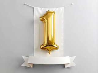 Golden foil balloon in the shape of the number one floats above a blank banner, perfect for celebrating a one year anniversary or achievement milestone.
