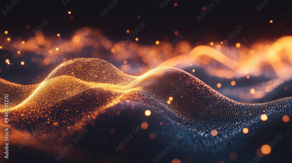 Poster dynamic particles create a sound wave effect against a dark backdrop blurred lights enhance the abst