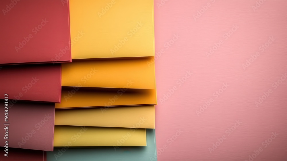 Poster neatly stacked array of paper sheets in warm colors like red, orange, and yellow placed on a surface