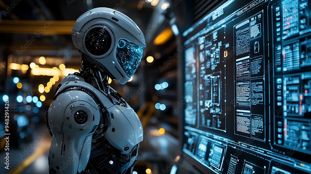 Poster a futuristic robot closely examines data on a screen, embodying advanced ai capabilities.