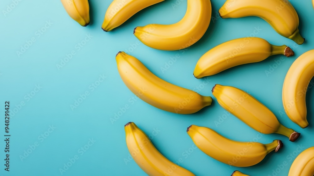 Poster an overhead view of a collection of bananas arranged on a blue background, creating a vibrant and co