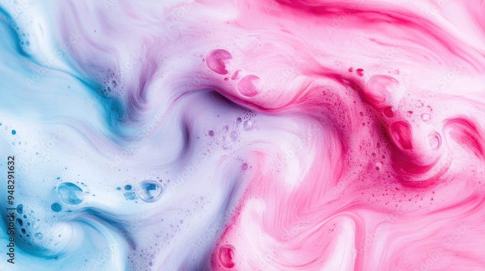 Poster a mesmerizing abstract fluid art image featuring swirling patterns in pink and blue, with visible bu