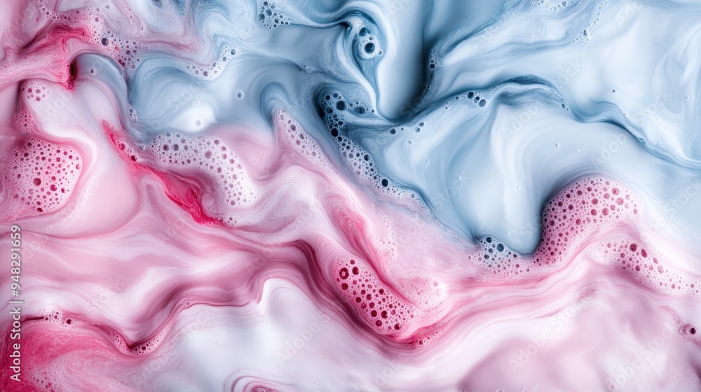 Poster an abstract fluid art image presenting a captivating mix of pink and blue colors, complete with bubb