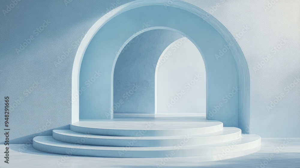 Poster minimalist design featuring a podium set against an abstract background in soft blue pastel hues 3d 
