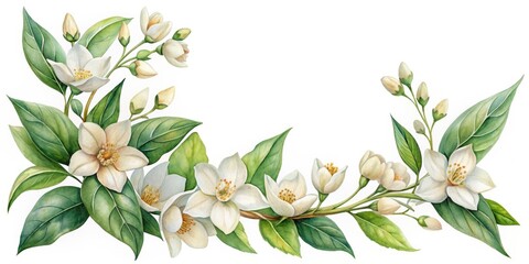 Delicate watercolor painting of jasmine flowers adorns a elegant corner border design, evoking a sense of serenity and sophistication in a vintage botanical illustration style.