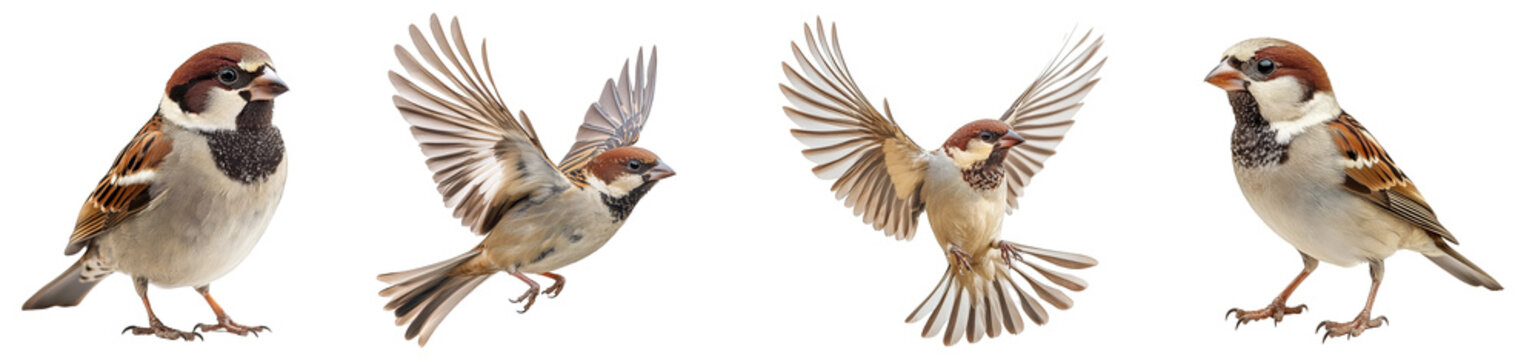 House sparrow bird in various poses including flying and perching natural wildlife transparent background