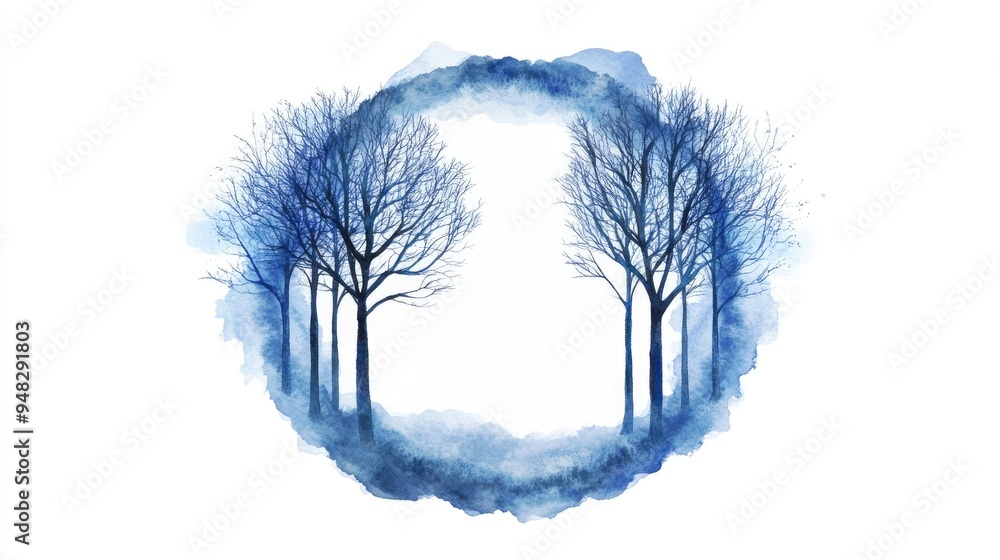 Poster Watercolor illustration featuring blue trees within a circular design with a designated space for text in the center