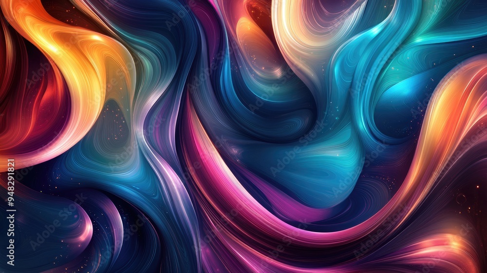 Poster vibrant abstract composition showcasing flowing lines and luminous elements in a harmonious color pa