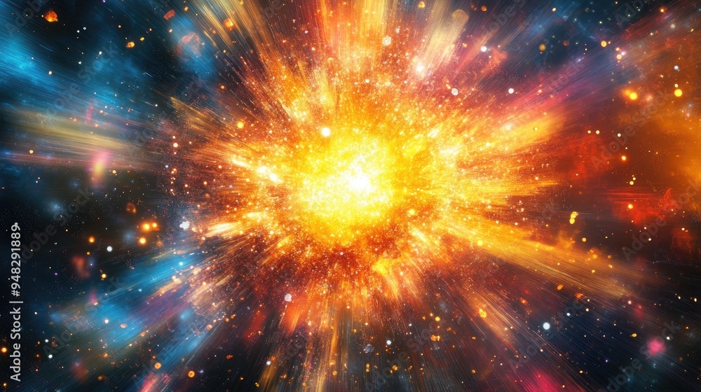 Poster explosive star with a multicolored abstract background featuring a stunning illustration of particle