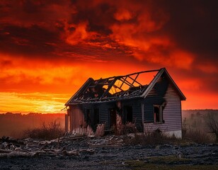 Burnt-out house against blood-red sunset.