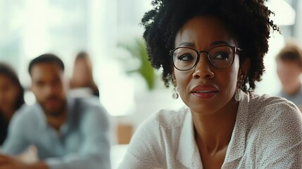 Smiling businesspeople, including a young woman and businesswoman, engage in teamwork indoors