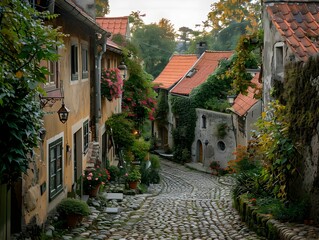 Fototapeta premium Charming cobblestone street lined with colorful houses and blooming flowers in a picturesque village at sunset
