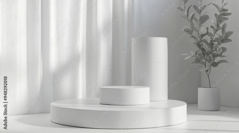 Poster white cylindrical display platform for cosmetics 3d rendering