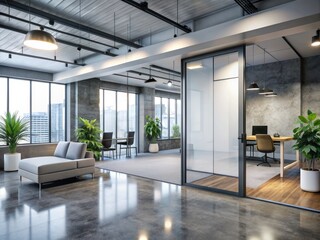 Fototapeta premium Modern office corridor features sleek glass doors, polished concrete floors, and stylish furniture, punctuated by a large white mock-up billboard, showcasing architectural design.
