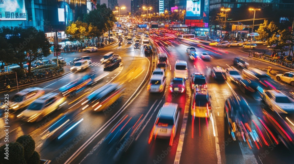 Poster a busy city intersection with heavy traffic, featuring multiple vehicles and traffic lights, capturi