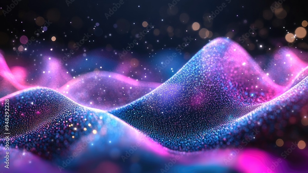 Poster dynamic sound wave particles flowing over a dark background abstract blurred lights create a stunnin