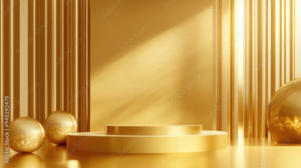 Poster elegant 3d background in gold featuring geometric shapes and a display podium on the floor creating 