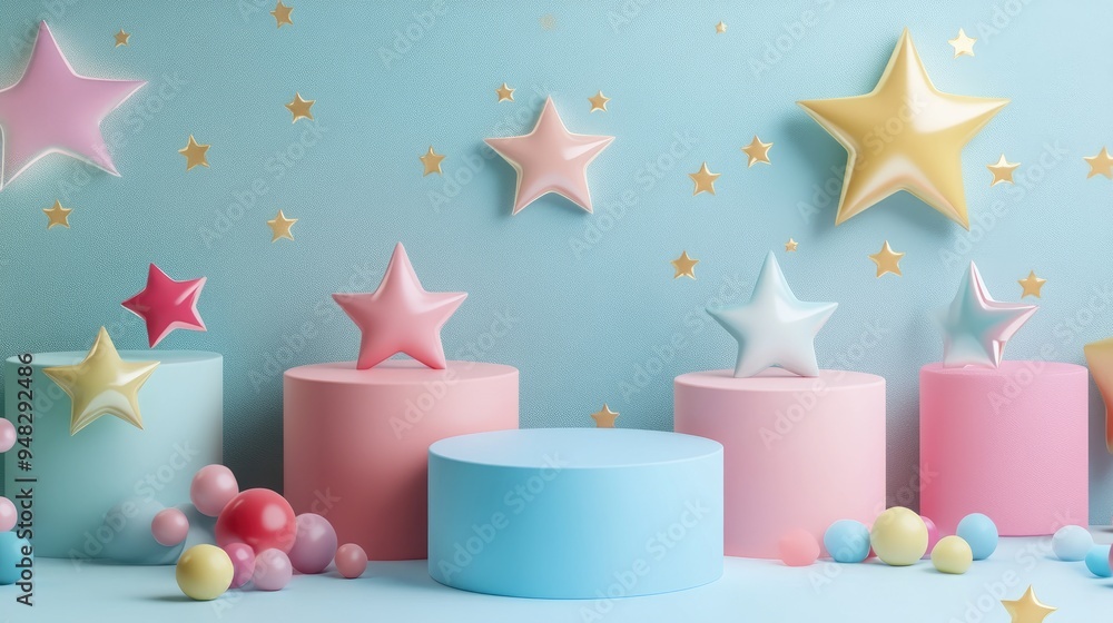Poster group of decorative objects featuring a podium display stand on pastel and star themed background id