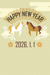 2026年の午年の馬をモチーフにしたイラストの年賀状はがき素材 和風