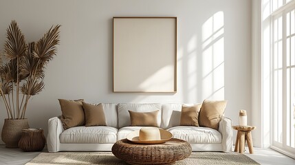 A modern living room with a white sofa, a wooden table, and dried palm leaves, elegantly arranged.
