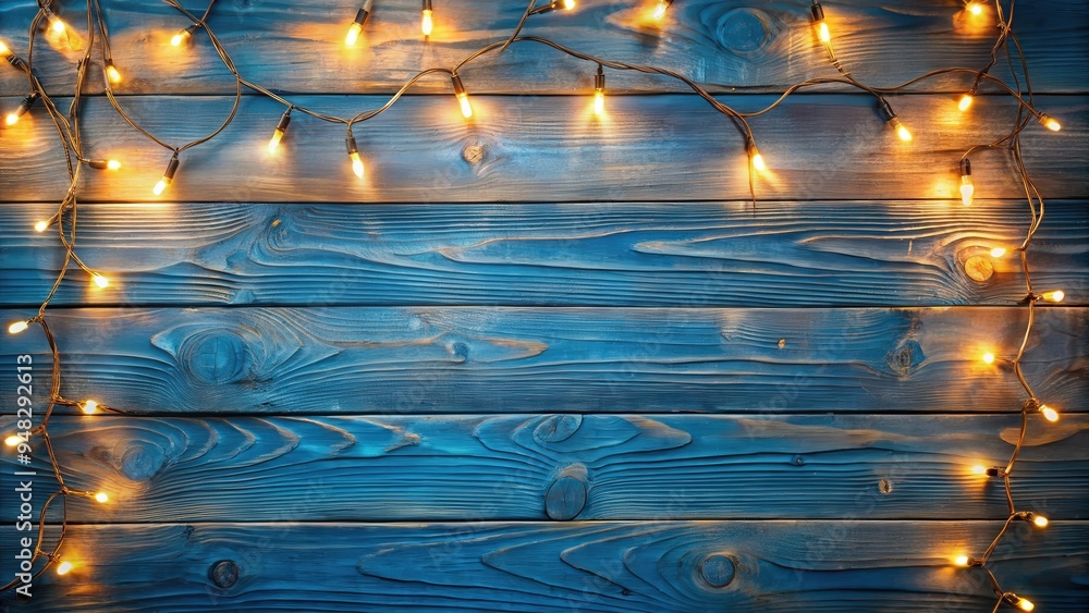 Aufkleber an empty wooden surface with twinkling christmas golden lights creating a festive ambiance on a blue