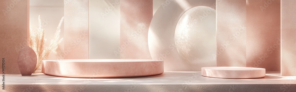 Poster Podium featuring abstract geometric elements and shapes designed for product display and presentation in a softly focused 3D rendered scene