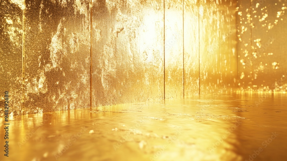 Poster glittering gold foil backdrop with reflective light textured golden wall 3d rendering luxurious shin
