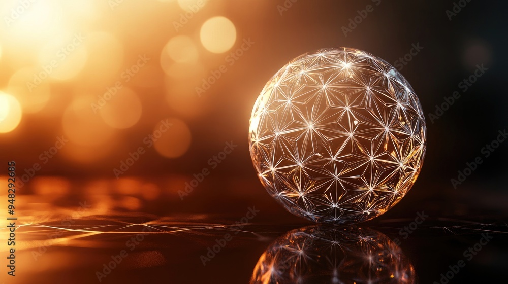 Poster polygon patterned glass sphere on a blurred dark brown background 3d rendering