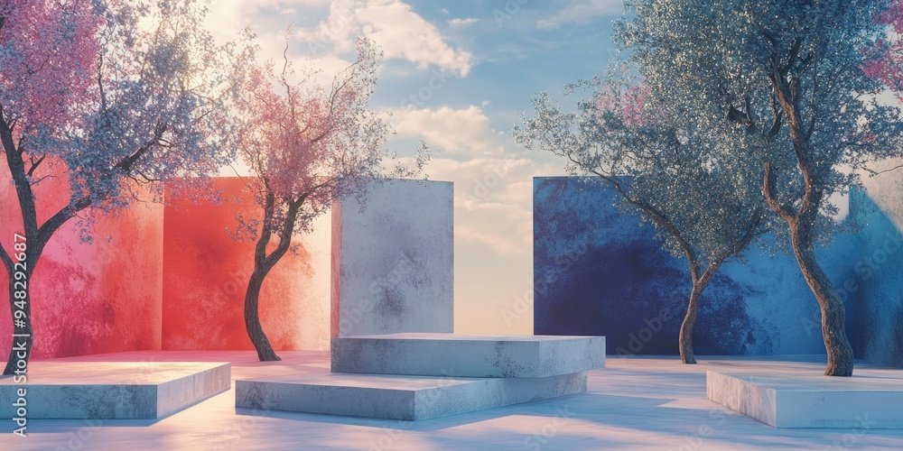 Poster a collection of 3d rendered platforms featuring vibrant multi material back walls and tree silhouett