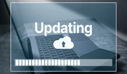 Software update or operating system upgrade. New version and improved security. Updating progress...