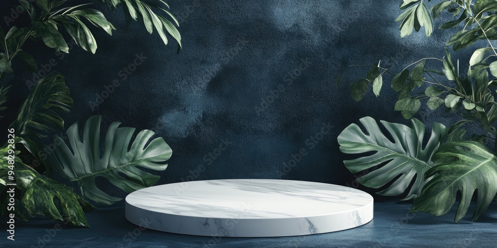 Poster Natural leaf against a dark background featuring a white marble podium mockup empty platform for product display and presentation 3D rendering