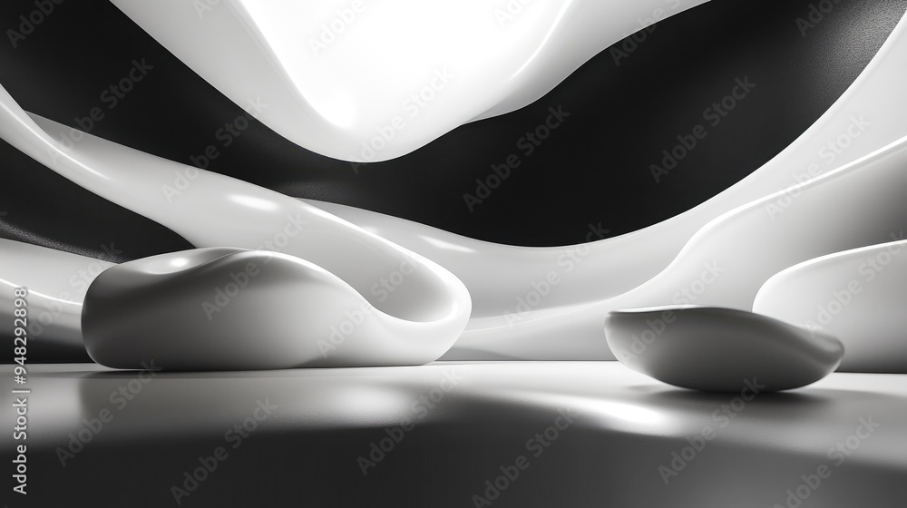 Poster dynamic interior featuring smooth white objects in a contrasting black space 3d illustration and ren
