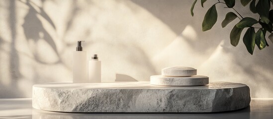Podium designed for showcasing packaging and cosmetic products Features a white concrete texture with shadows and a natural stone appearance under sunlight Realistic 3D rendering and illustration
