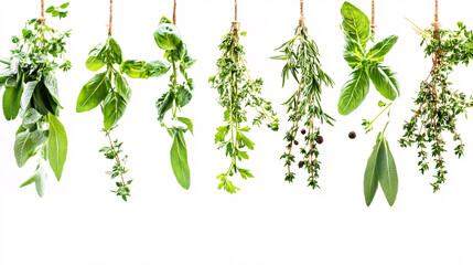 Fresh Herbs Hanging on White Background
