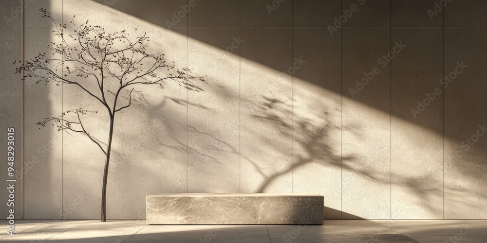 Poster abstract geometric arrangement featuring a branch and its shadow on a wall accompanied by a natural 
