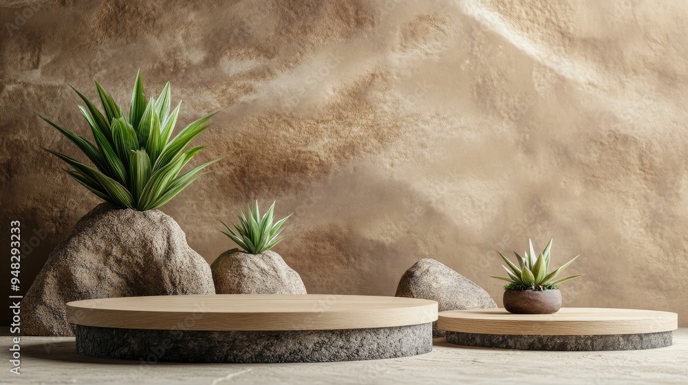 Poster two platforms for displaying products with small plants and a brown rock backdrop abstract mockup se