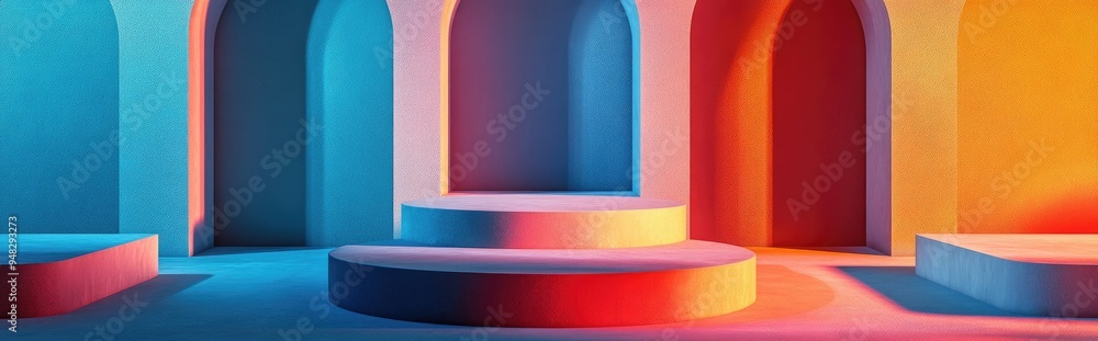 Poster Mediterranean inspired product display mockup featuring a terracotta podium of varying sizes on a neutral background Clipping paths for all elements are included 3D rendering illustration