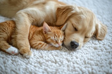 Golden Retriever and Kitten Sleeping Together