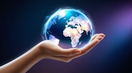 Global Hologram of Earth in Hand – Business and Environmental Protection Concept on Dark Background